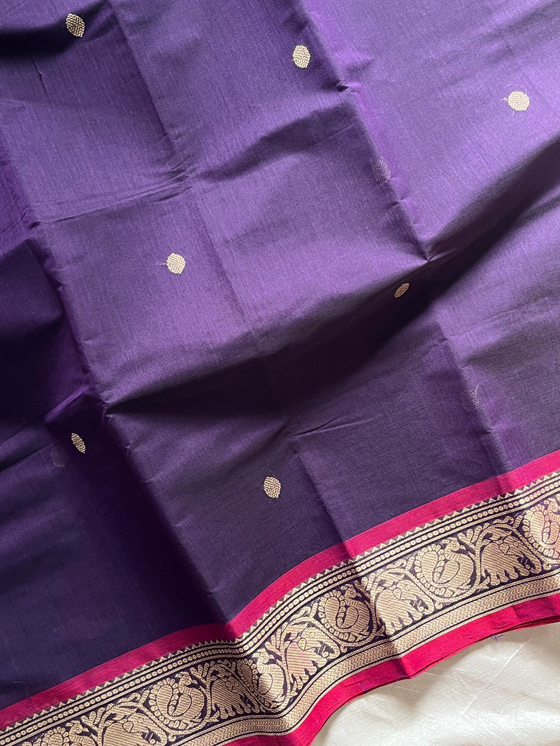 Dusky Petal – Pure Kanchi cotton saree in violet with pink thread-woven border and motifs, by House of Thansha.