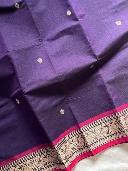 Dusky Petal – Pure Kanchi cotton saree in violet with pink thread-woven border and motifs, by House of Thansha.