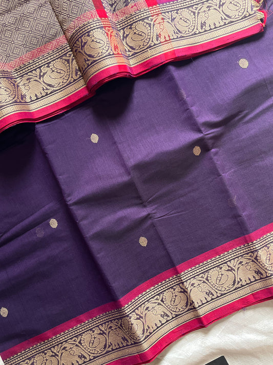 Dusky Petal – Pure handloom Kanchi cotton saree in violet with pink thread-woven border and motifs, by House of Thansha.