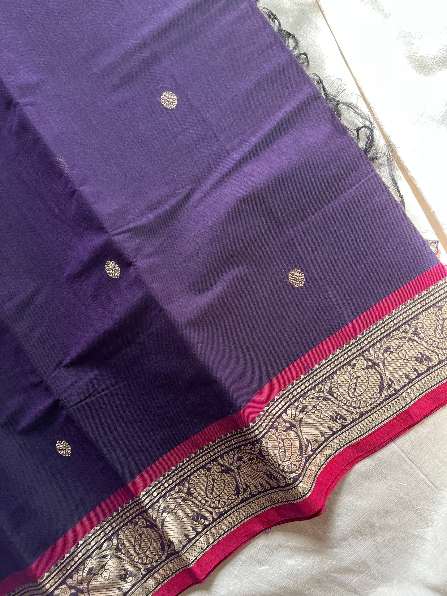 Dusky Petal – Pure Kanchi cotton saree in violet with pink thread-woven border and motifs, by House of Thansha.