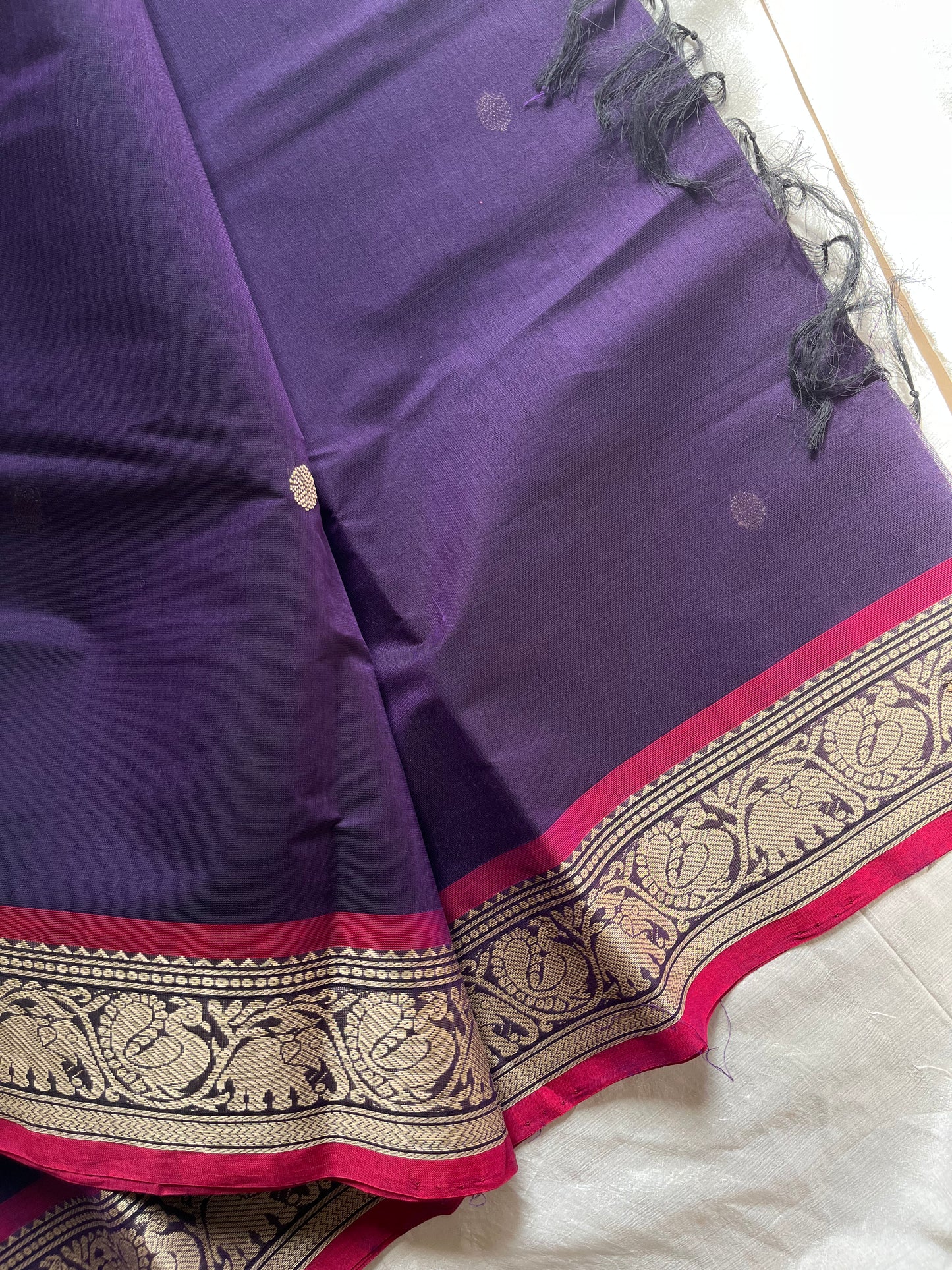 Dusky Petal – Pure Kanchi cotton saree in violet with pink thread-woven border and motifs, by House of Thansha.