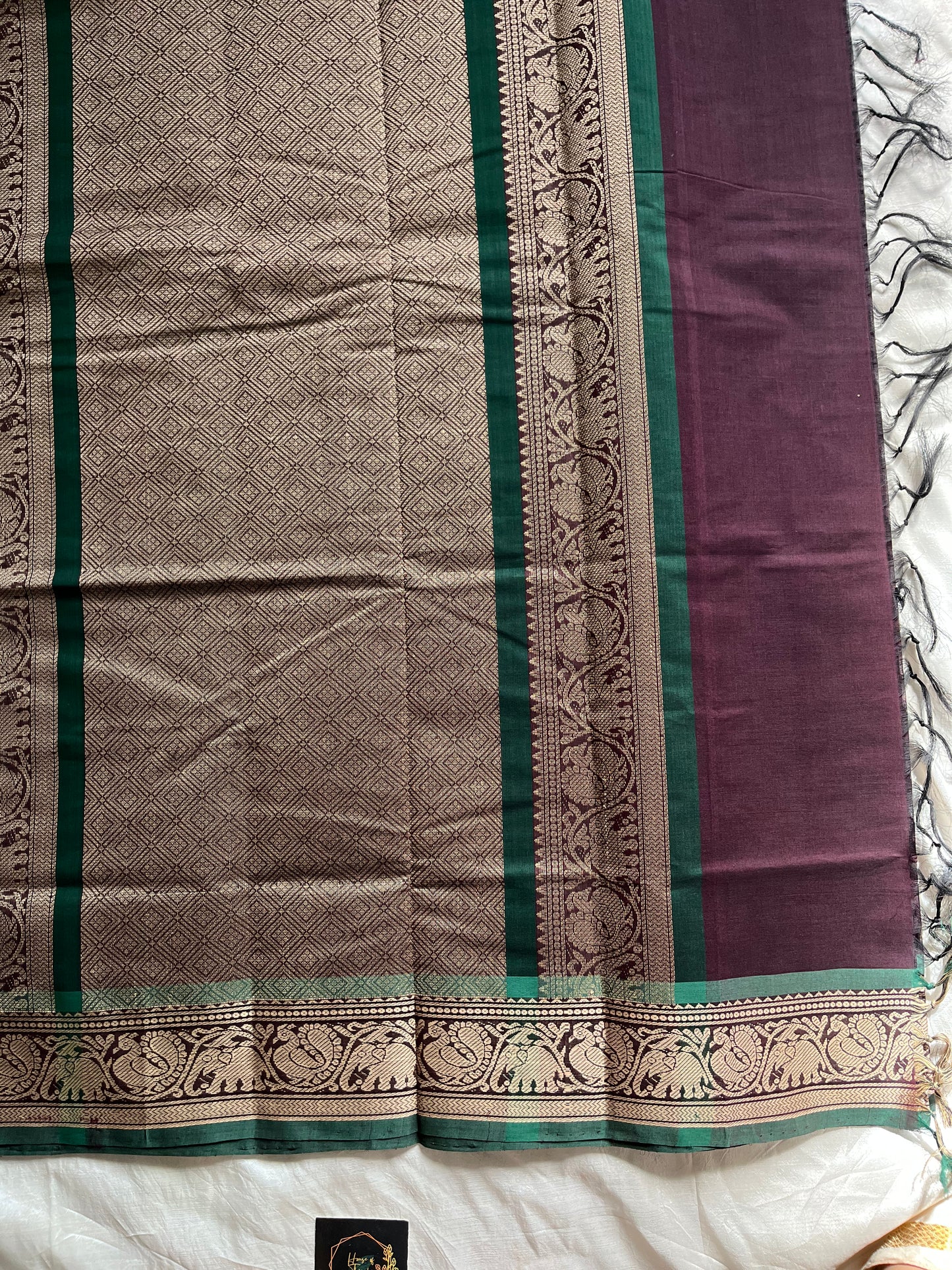 Coffee brown Kanchi cotton saree with dark green border and thread-woven pallu – House of Thansha