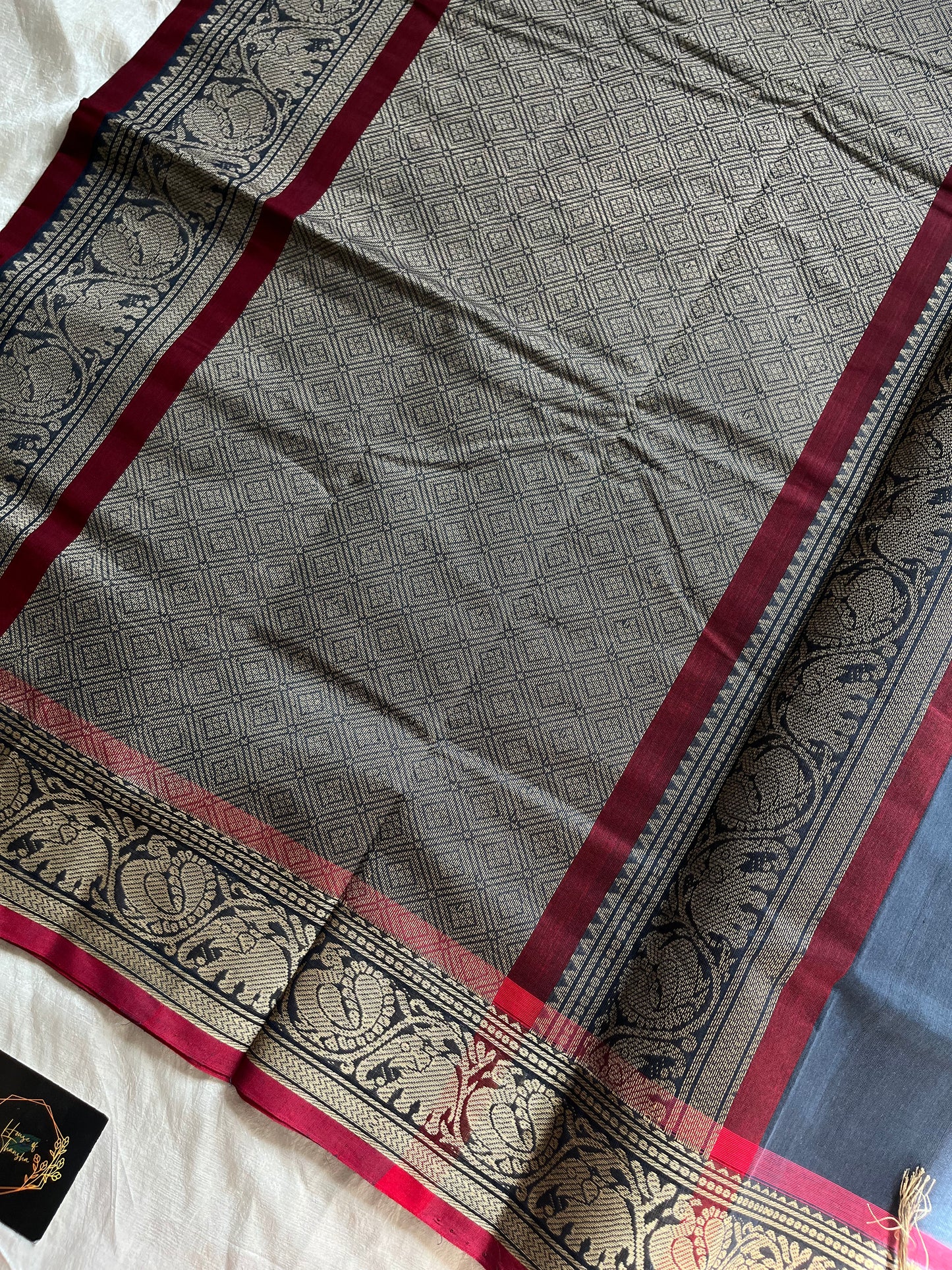 Denim blue Kanchi cotton handloom saree with muted pink border and thread woven pallu – House of Thansha