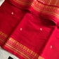 Red handloom Kanchi cotton saree with intricate multicoloured threadwork pallu and border – House of Thansha