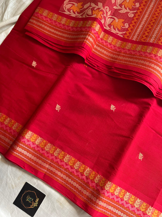 Red handloom Kanchi cotton saree with intricate multicoloured threadwork pallu and border – House of Thansha