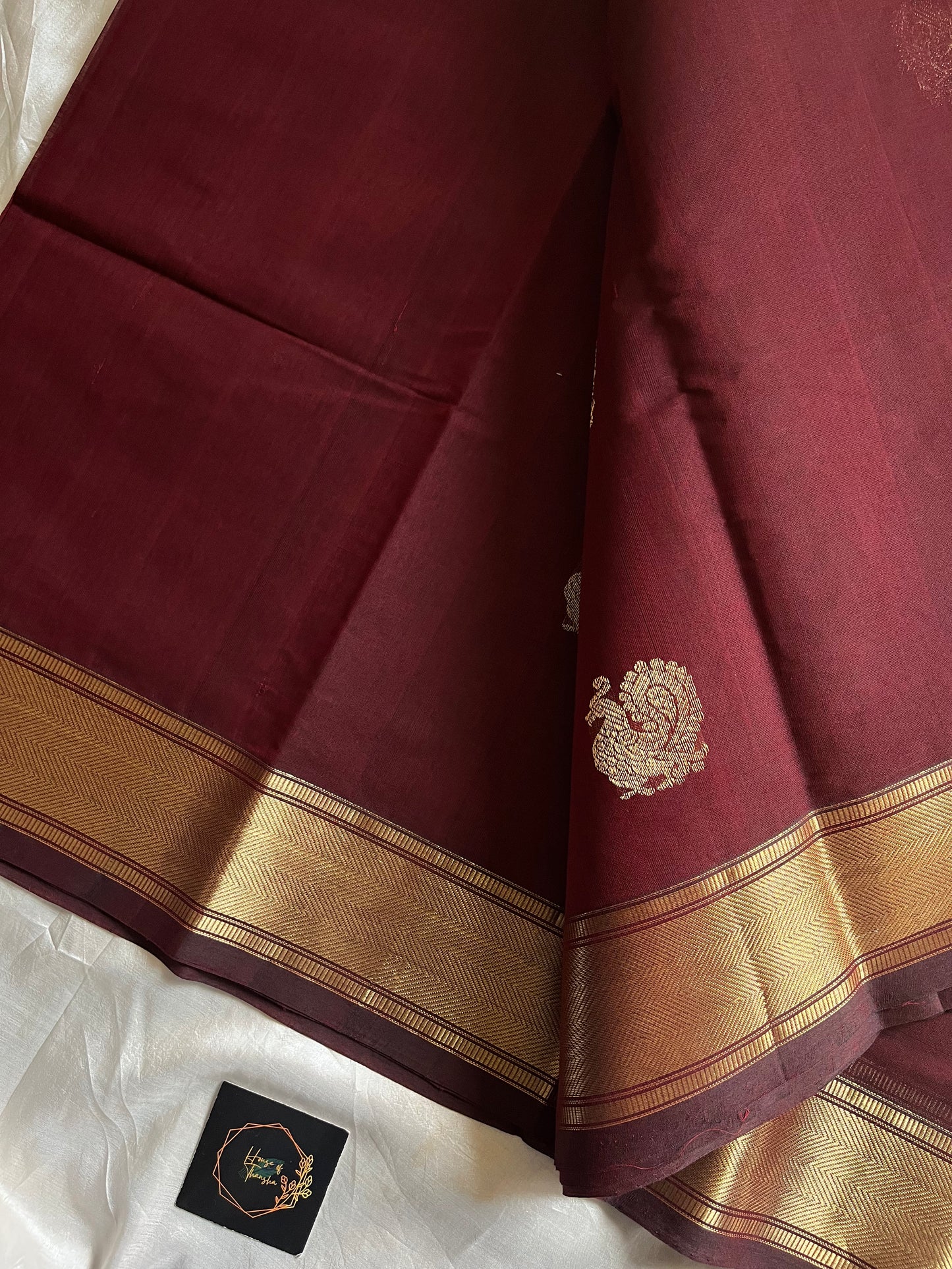 Dark maroon handloom Kanchi cotton saree with zari annam motifs and rich zari pallu – House of Thansha