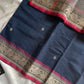 Denim blue Kanchi cotton handloom saree with muted pink border and thread woven pallu – House of Thansha