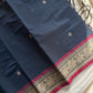 Denim blue Kanchi cotton handloom saree with muted pink border and thread woven pallu – House of Thansha
