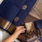 Dark blue handloom Kanchi cotton saree with sari annam motifs and zari woven pallu – House of Thansha