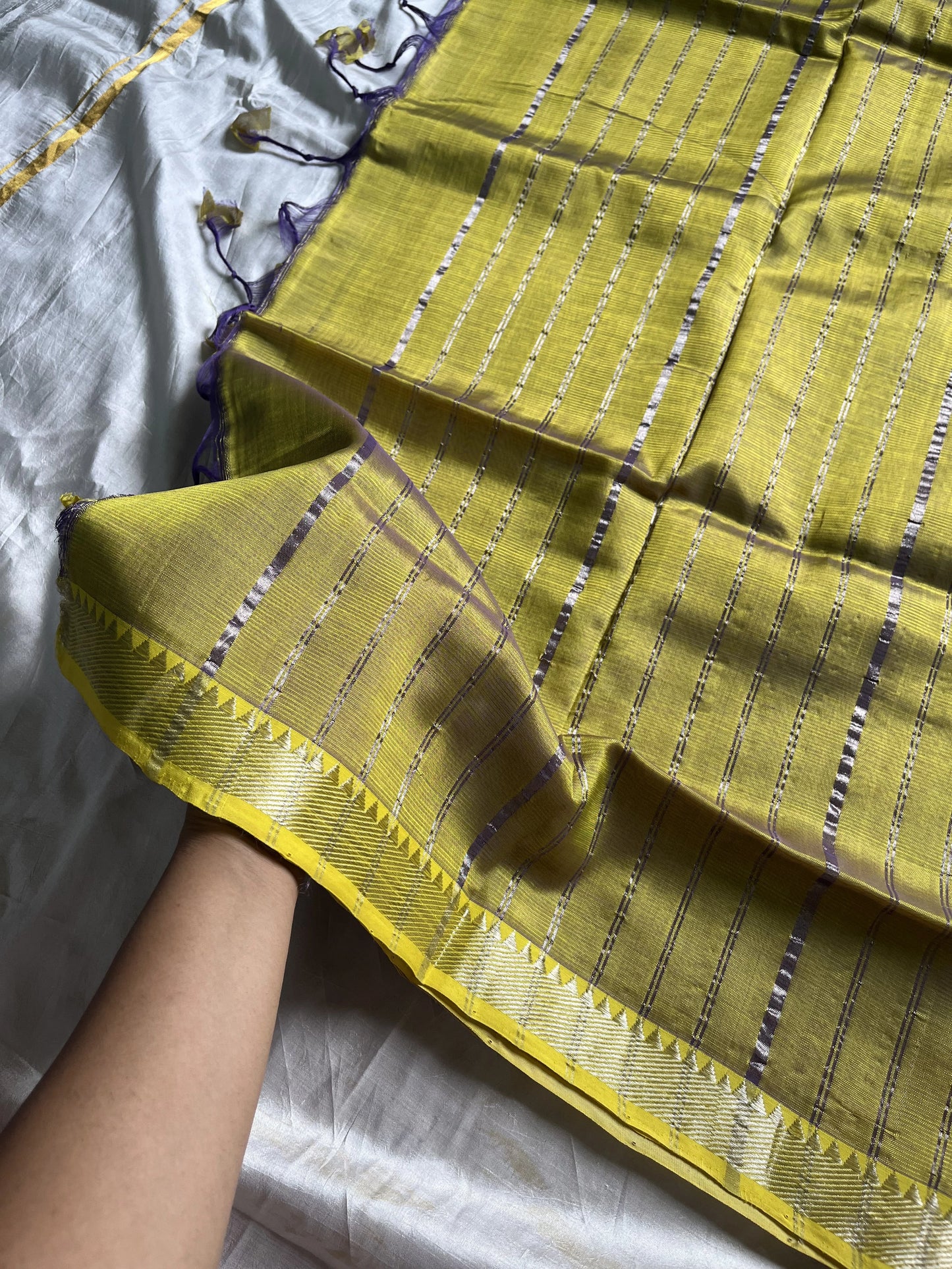 Lavender Mangalagiri silk cotton saree with lemon yellow Nizam border – Lavender Dust – House of Thansha