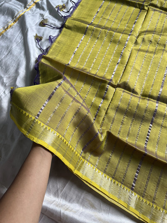 Lavender Mangalagiri silk cotton saree with lemon yellow Nizam border – Lavender Dust – House of Thansha