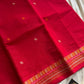 Red handloom Kanchi cotton saree with intricate multicoloured threadwork pallu and border – House of Thansha