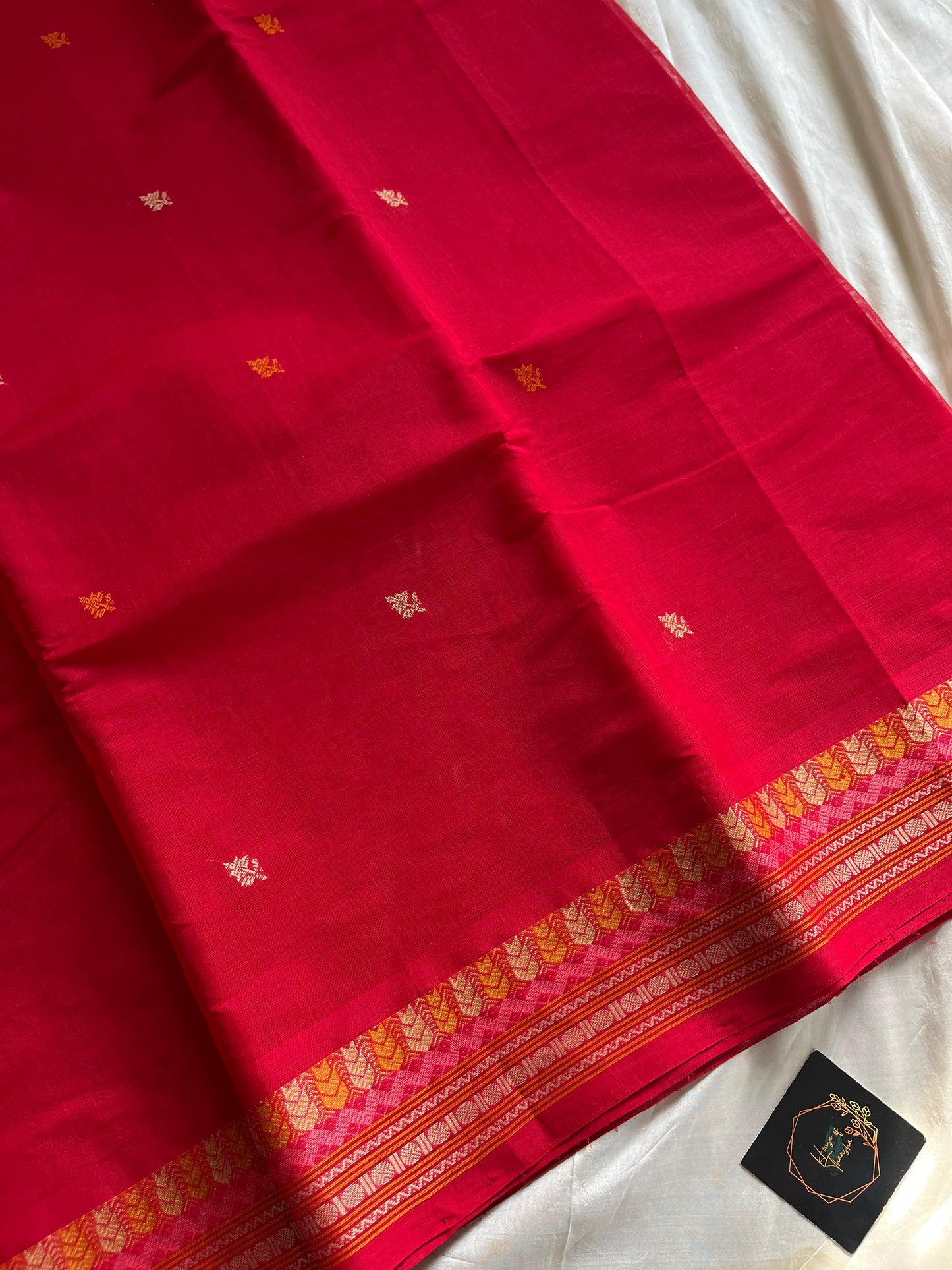 Red handloom Kanchi cotton saree with intricate multicoloured threadwork pallu and border – House of Thansha