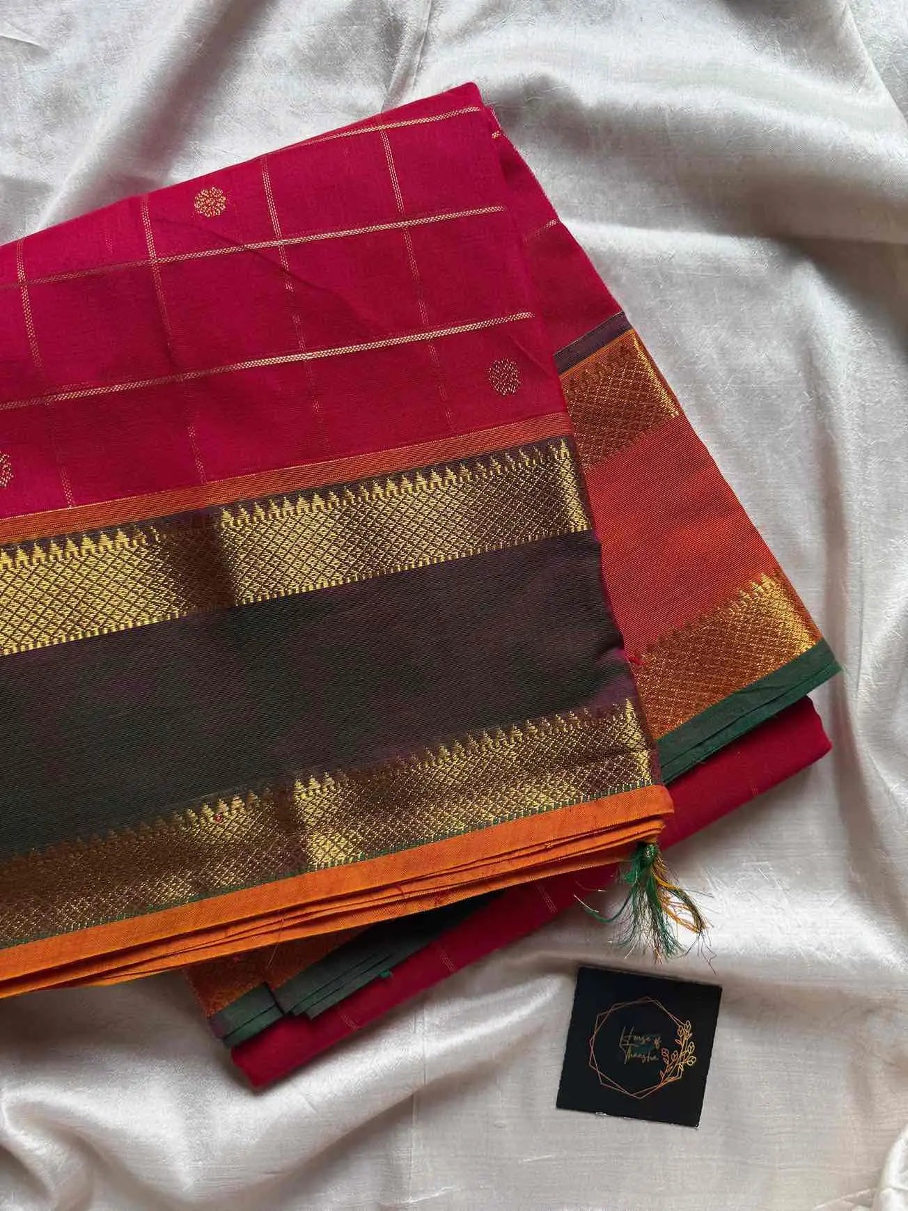 Rani pink Zari Checks Kanchi Cotton Saree | House of Thansha