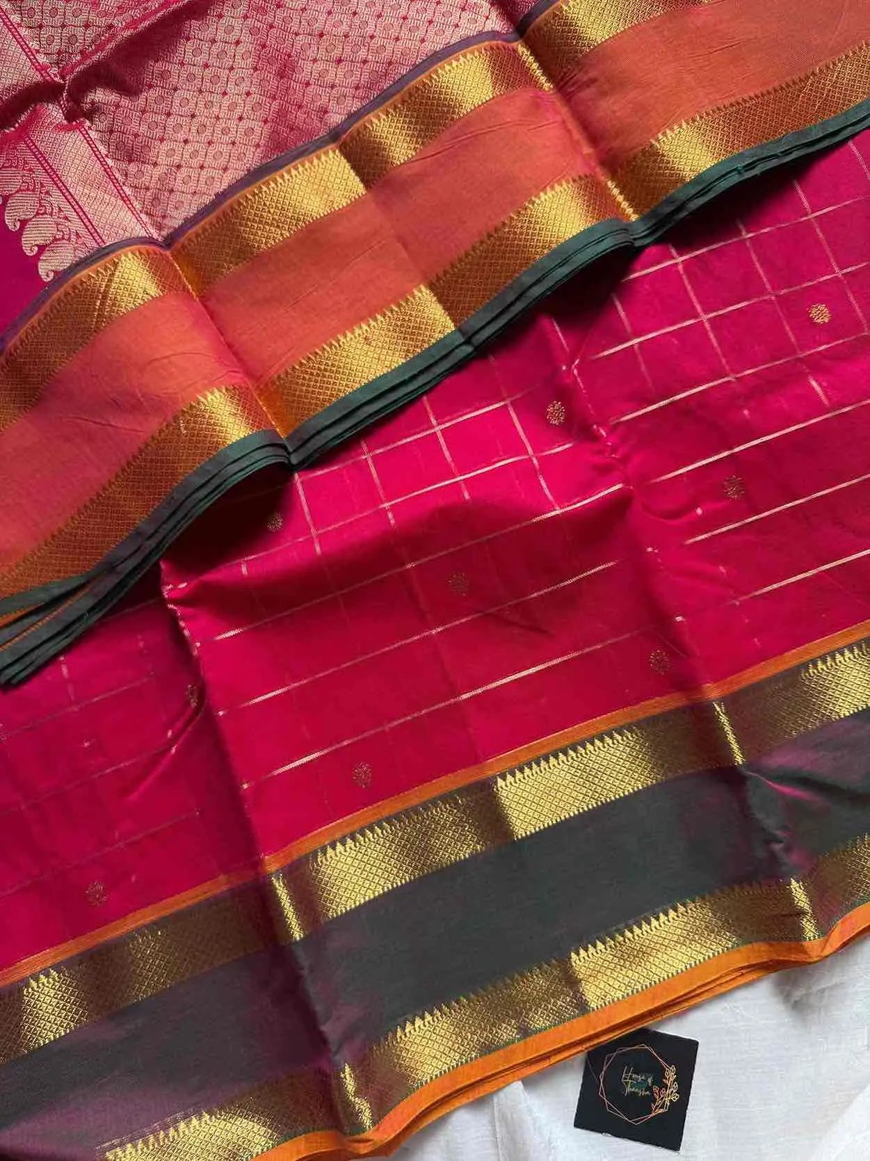 Rani pink Zari Checks Kanchi Cotton Saree | House of Thansha