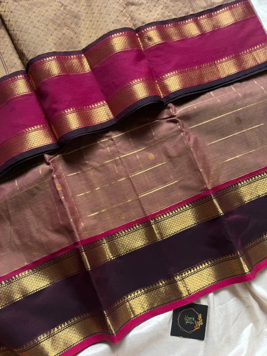Royal Drapes – Pastel & Coffee Brown Zari Checks Kanchi Cotton Saree