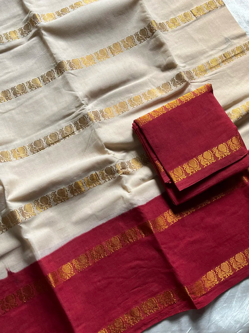 Sungudi Cotton Saree - Beige & Maroon