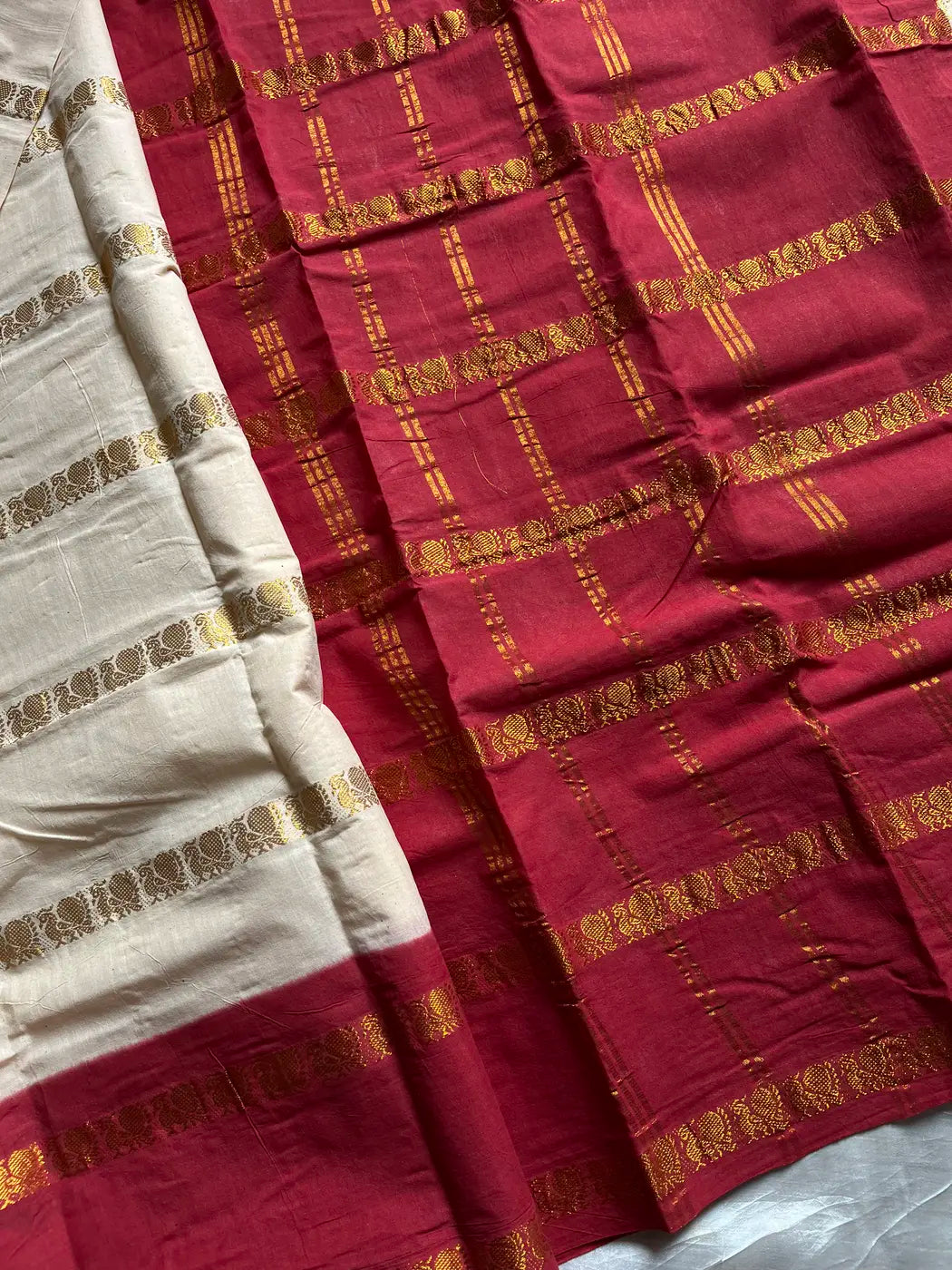 Sungudi Cotton Saree - Beige & Maroon