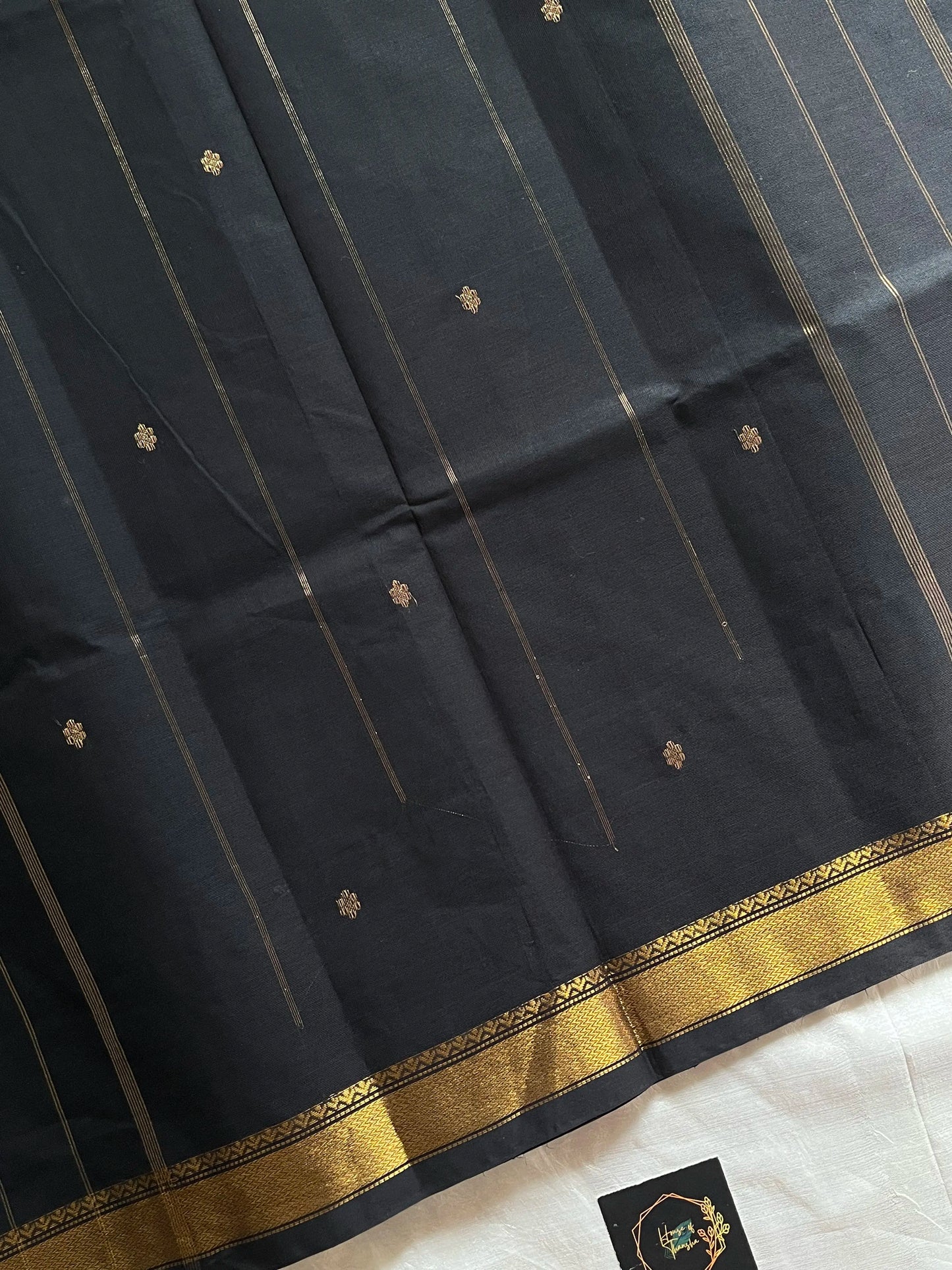 Black Chettinadu Cotton Saree with Golden Zari Butta | House of Thansha
