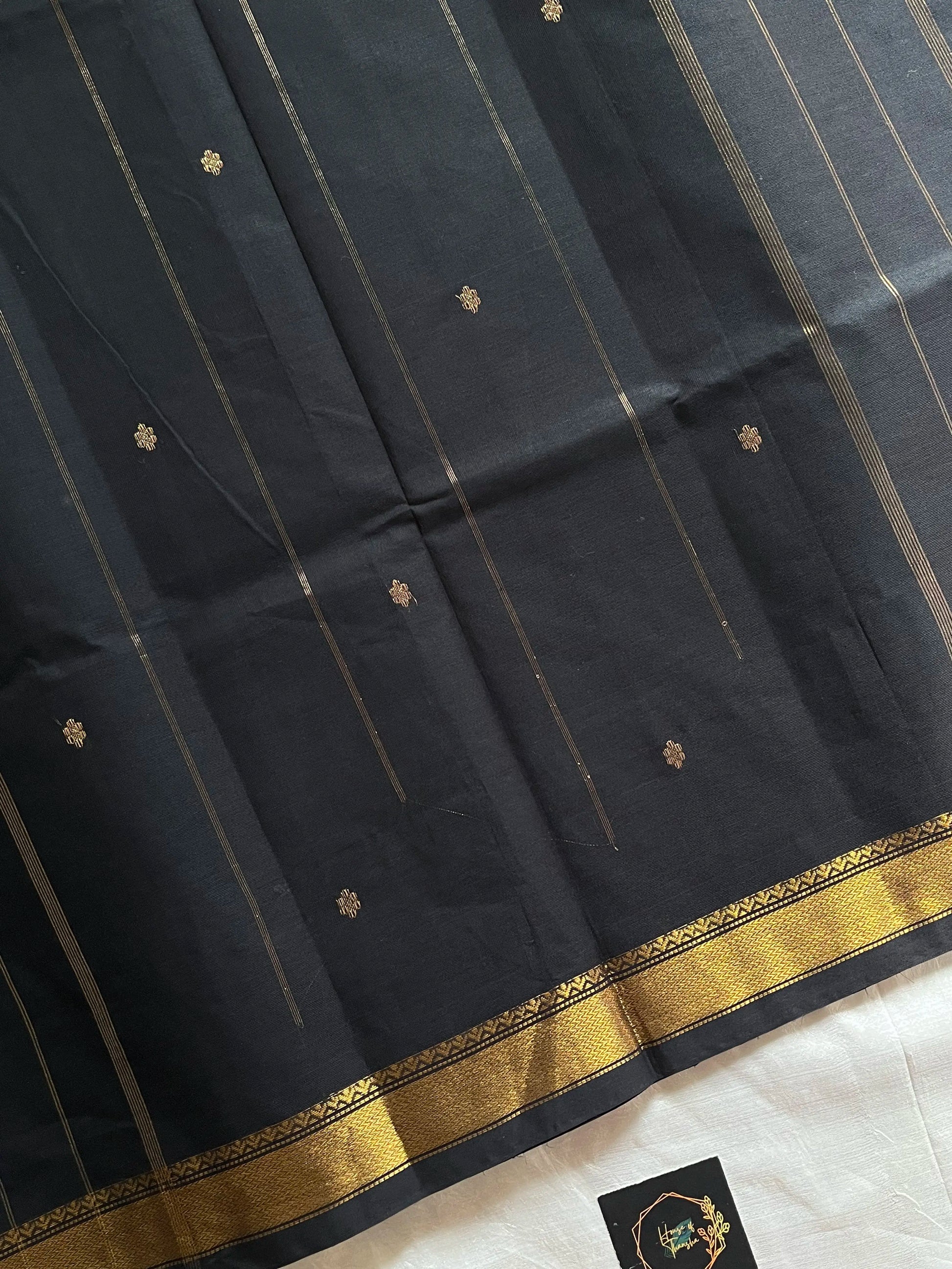 Black Chettinadu Cotton Saree with Golden Zari Butta | House of Thansha