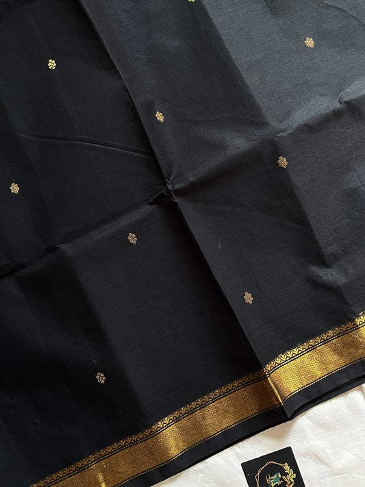 Sheuli – Black Chettinadu Cotton Saree with Golden Zari Butta 