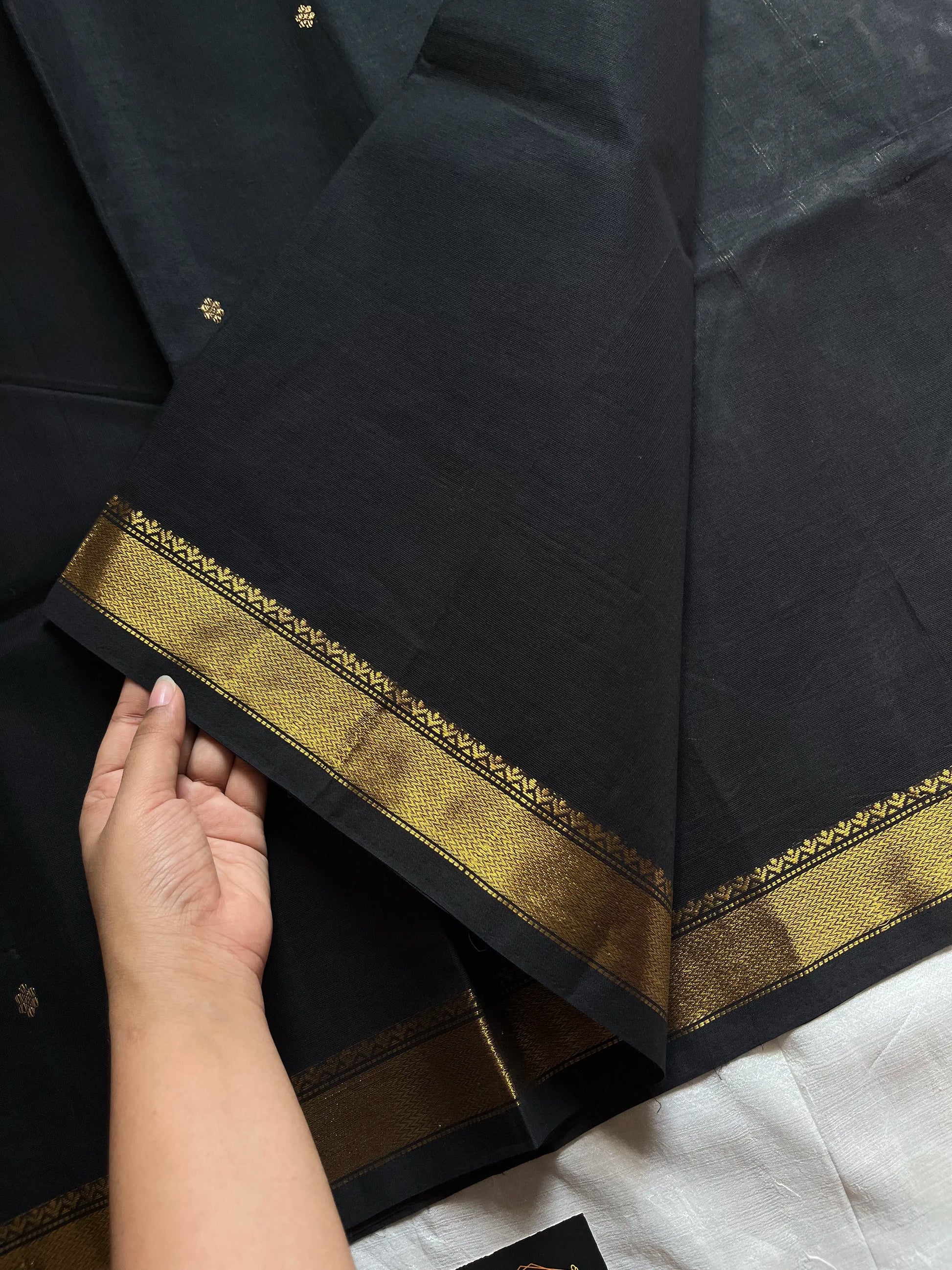 Sheuli – Black Chettinadu Cotton Saree with Golden Zari Butta | House of Thansha