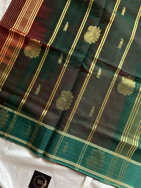 Red handloom art silk saree with green plain border and sari motifs – vegan silk by House of Thansha