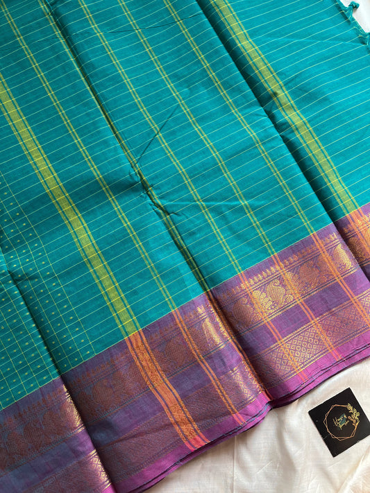 Sky blue Chettinadu cotton saree with Aayiram Butta checks and zari border – Classic Checks Edit by House of Thansha
