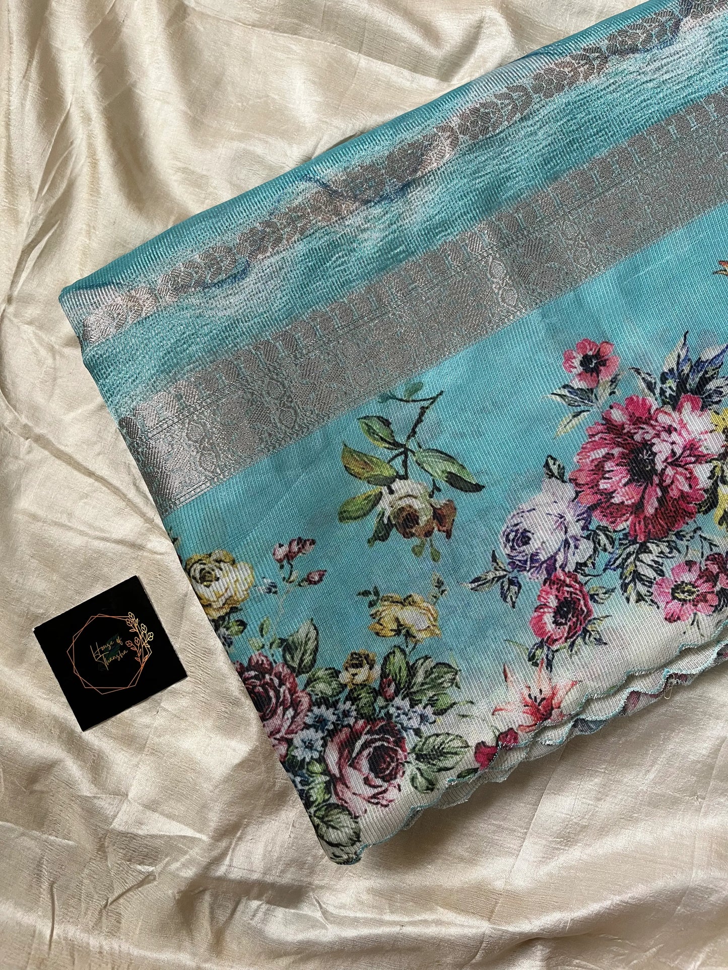 Soft Tissue Edit – Sky blue Tissue Saree with Scalloped Border & Zari Work