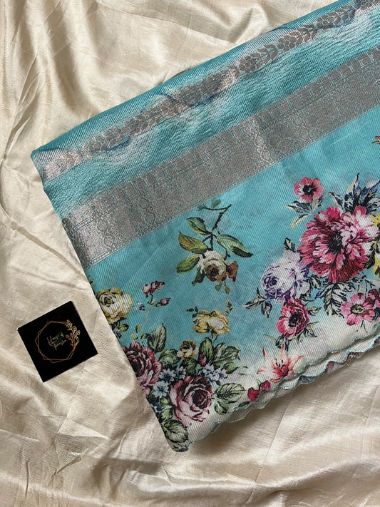 Soft Tissue Edit – Sky blue Tissue Saree with Scalloped Border & Zari Work