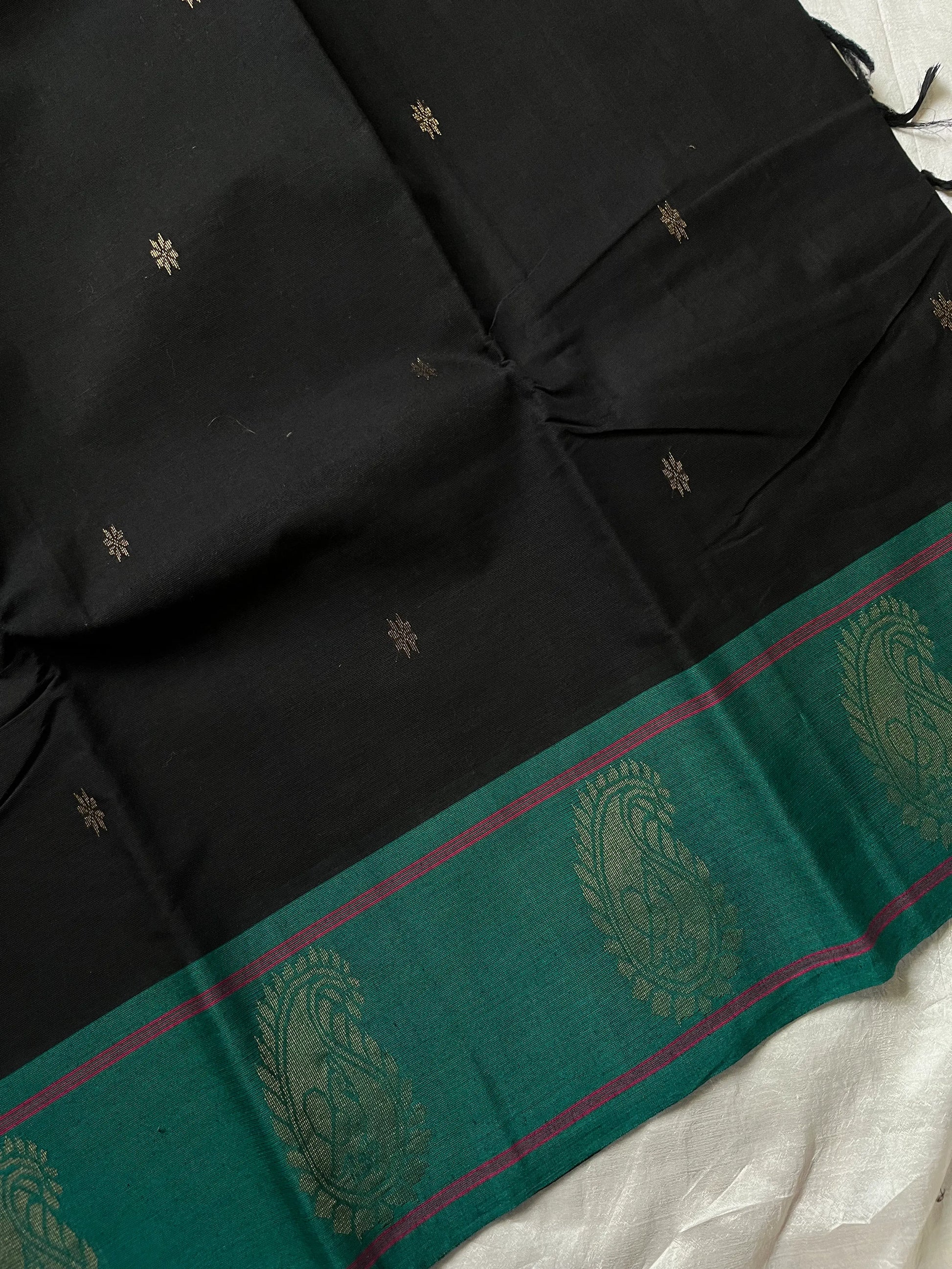 Subtle Weaves Black Chettinadu Cotton Saree with Elegant Border – Handwoven premium cotton saree by House of Thansha