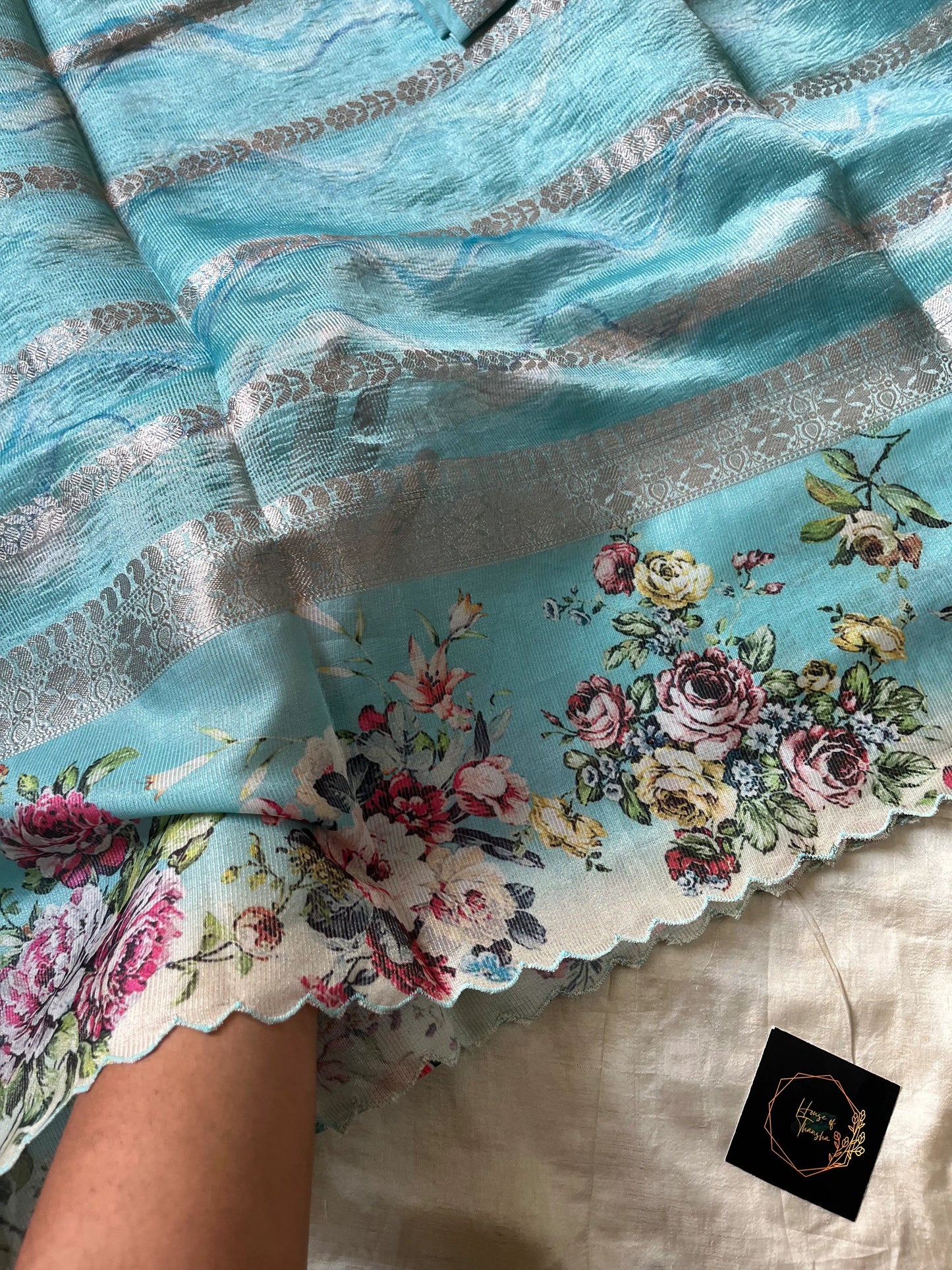 Soft Tissue Edit – Sky blue Tissue Saree with Scalloped Border & Zari Work