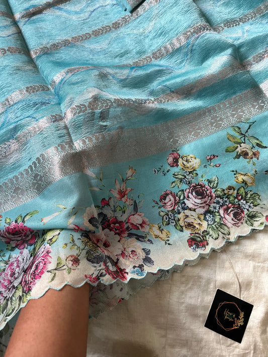 Soft Tissue Edit – Sky blue Tissue Saree with Scalloped Border & Zari Work