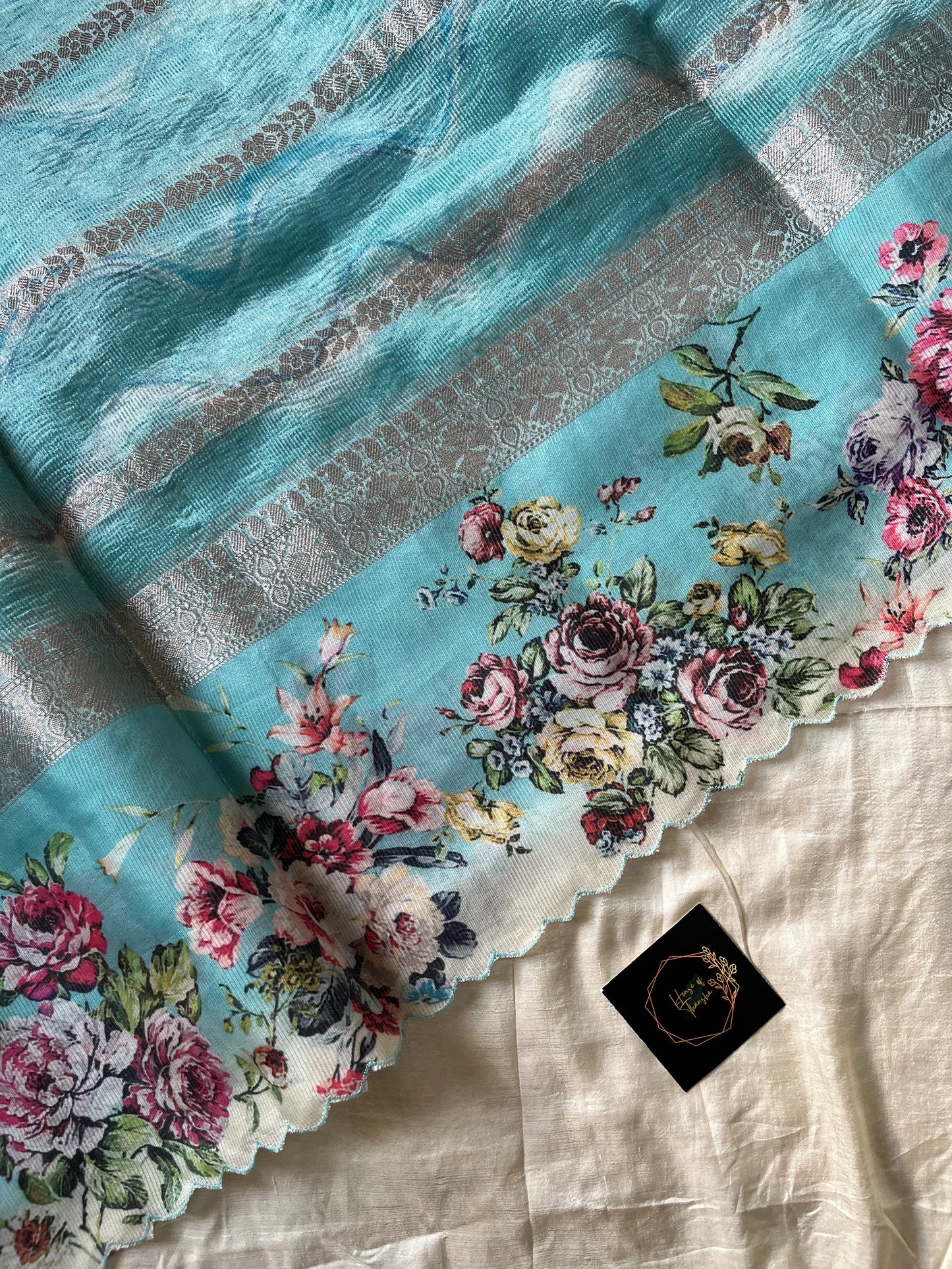 Soft Tissue Edit – Sky blue Tissue Saree with Scalloped Border & Zari Work