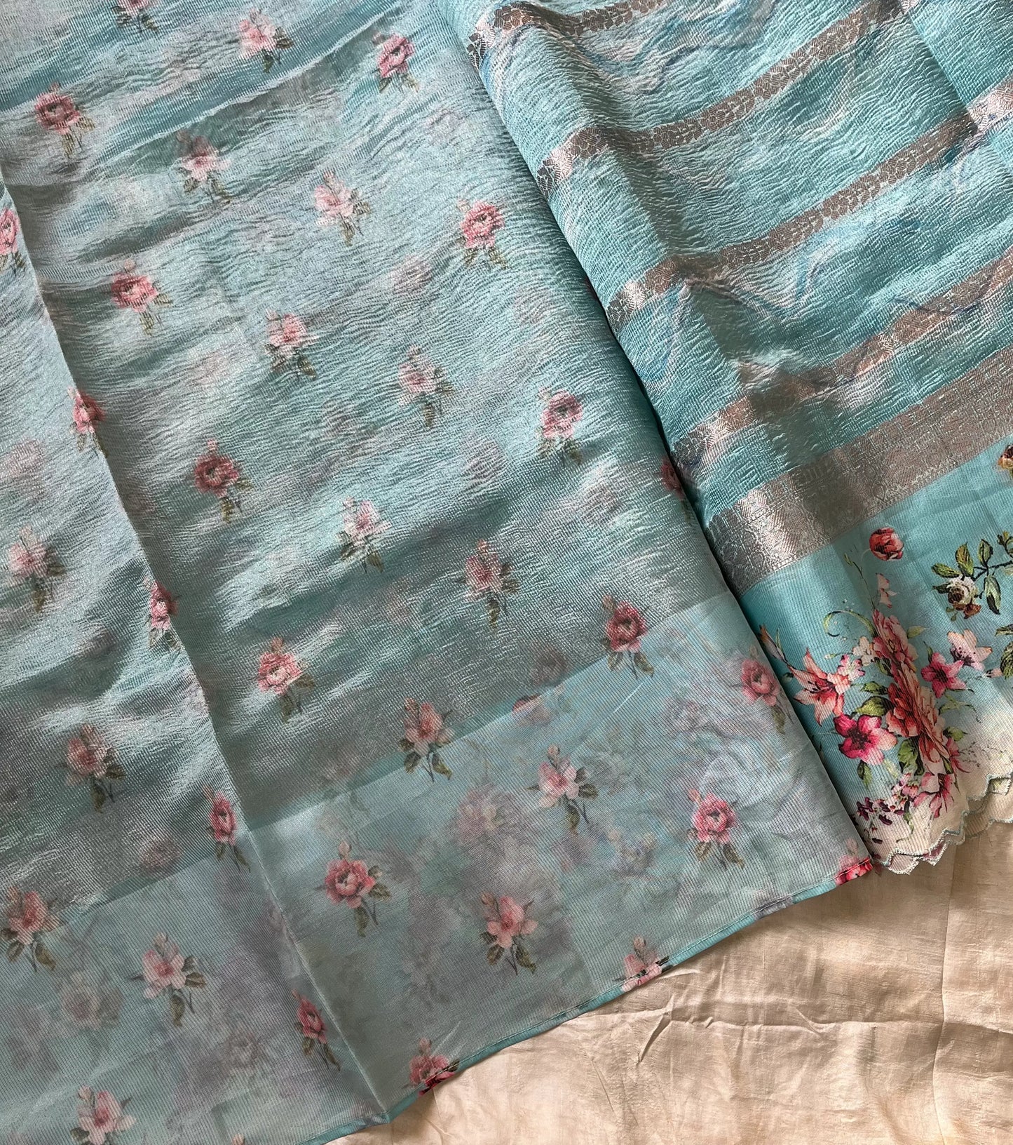 Soft Tissue Edit – Sky blue Tissue Saree with Scalloped Border & Zari Work