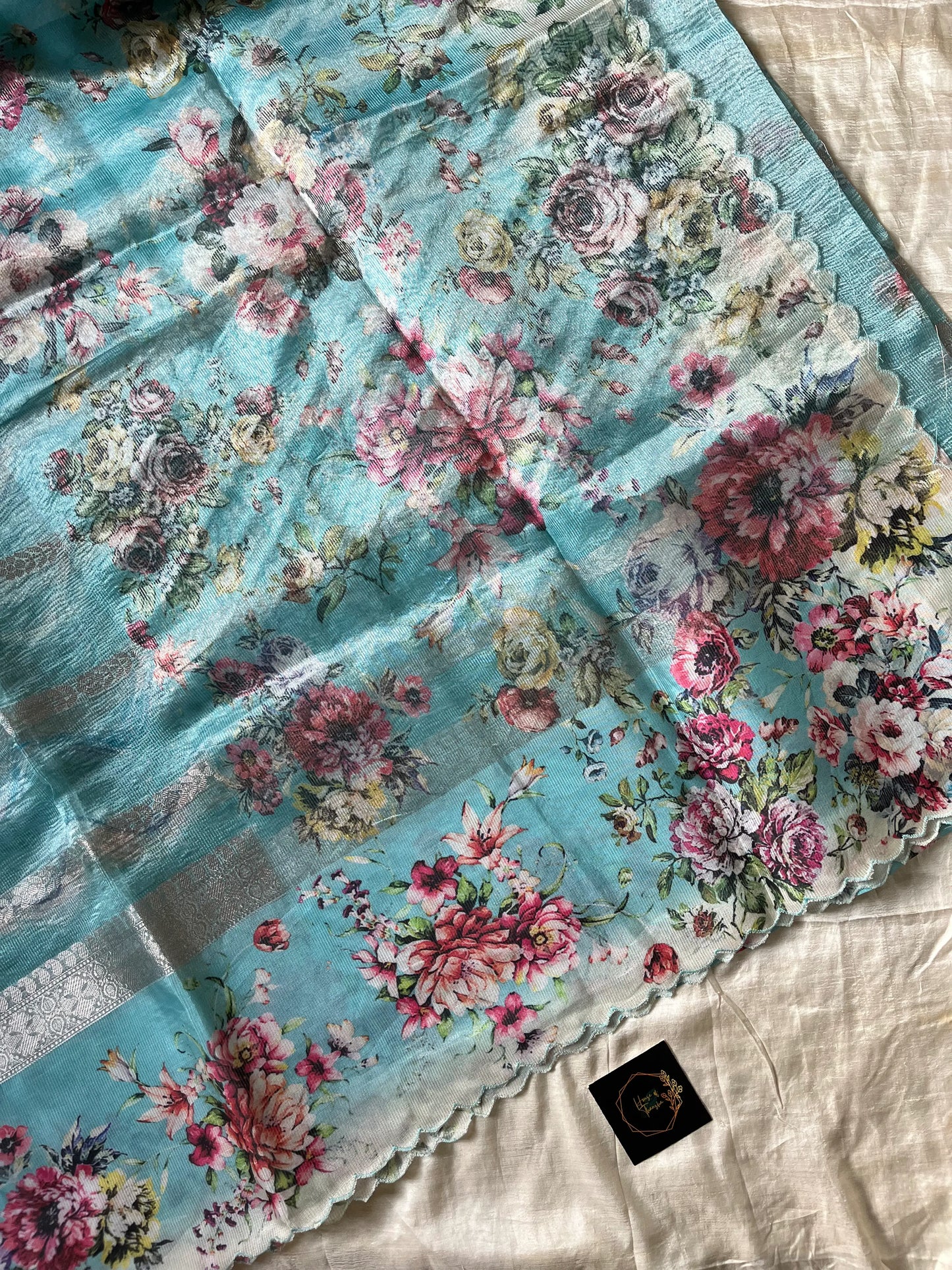 Soft Tissue Edit – Sky blue Tissue Saree with Scalloped Border & Zari Work