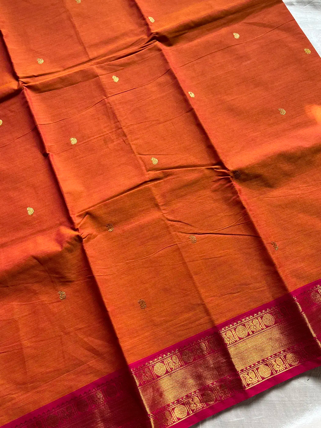 Subtle Weaves | Orange & Pink Kanchi Cotton Saree