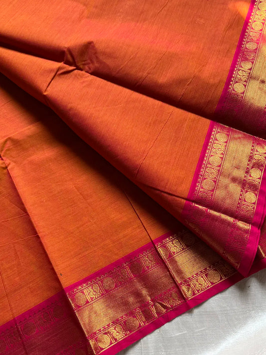 Subtle Weaves | Orange & Pink Kanchi Cotton Saree