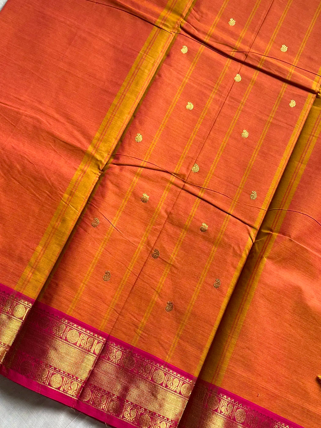 Subtle Weaves | Orange & Pink Kanchi Cotton Saree