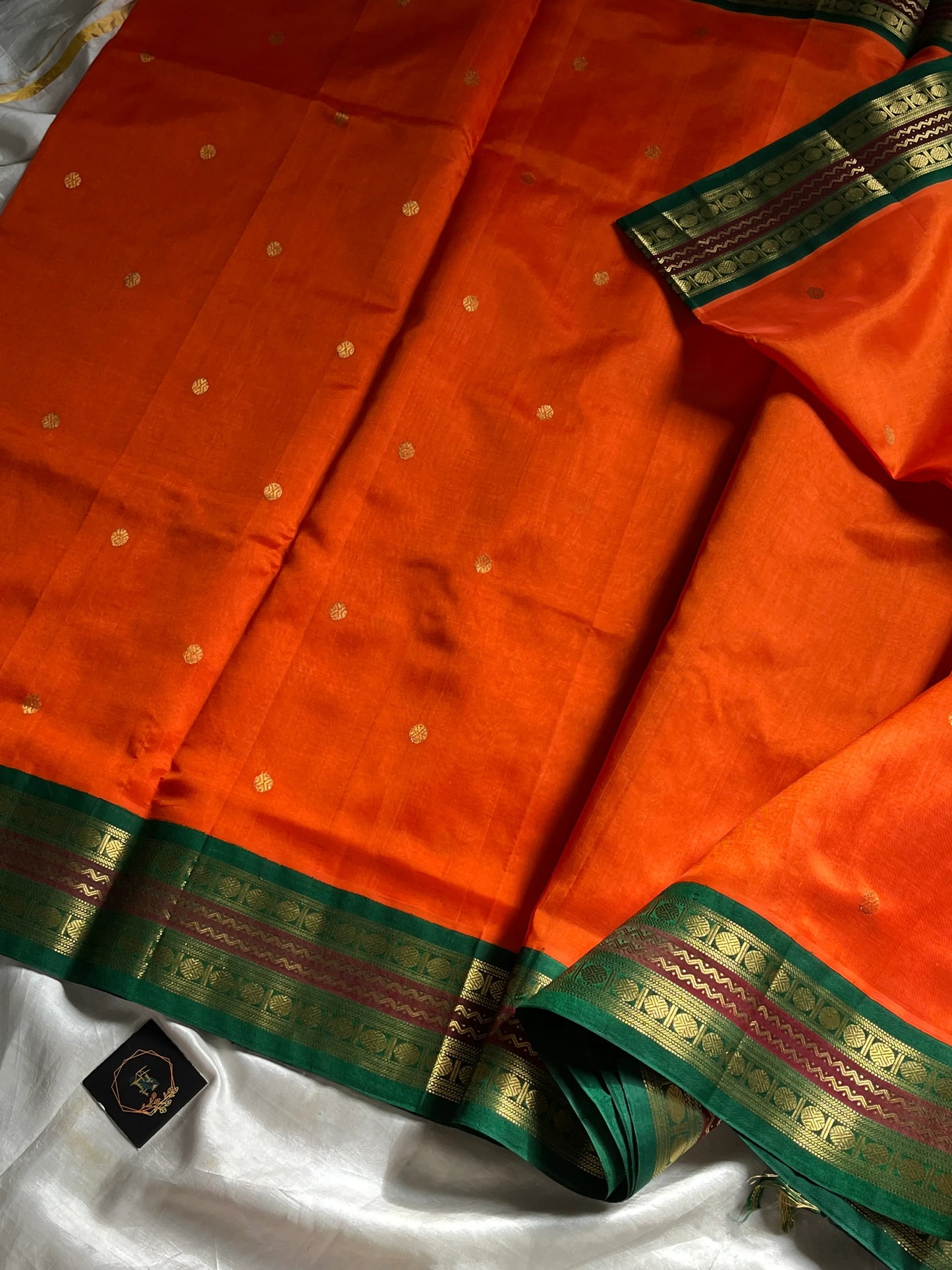 Orange & Green Pure Handloom Kanchi Silk-Cotton Saree with Rich Zari – Pattu Nool Edit by House of Thansha