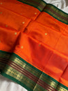Orange & Green Pure Handloom Kanchi Silk-Cotton Saree with Rich Zari – Pattu Nool Edit by House of Thansha