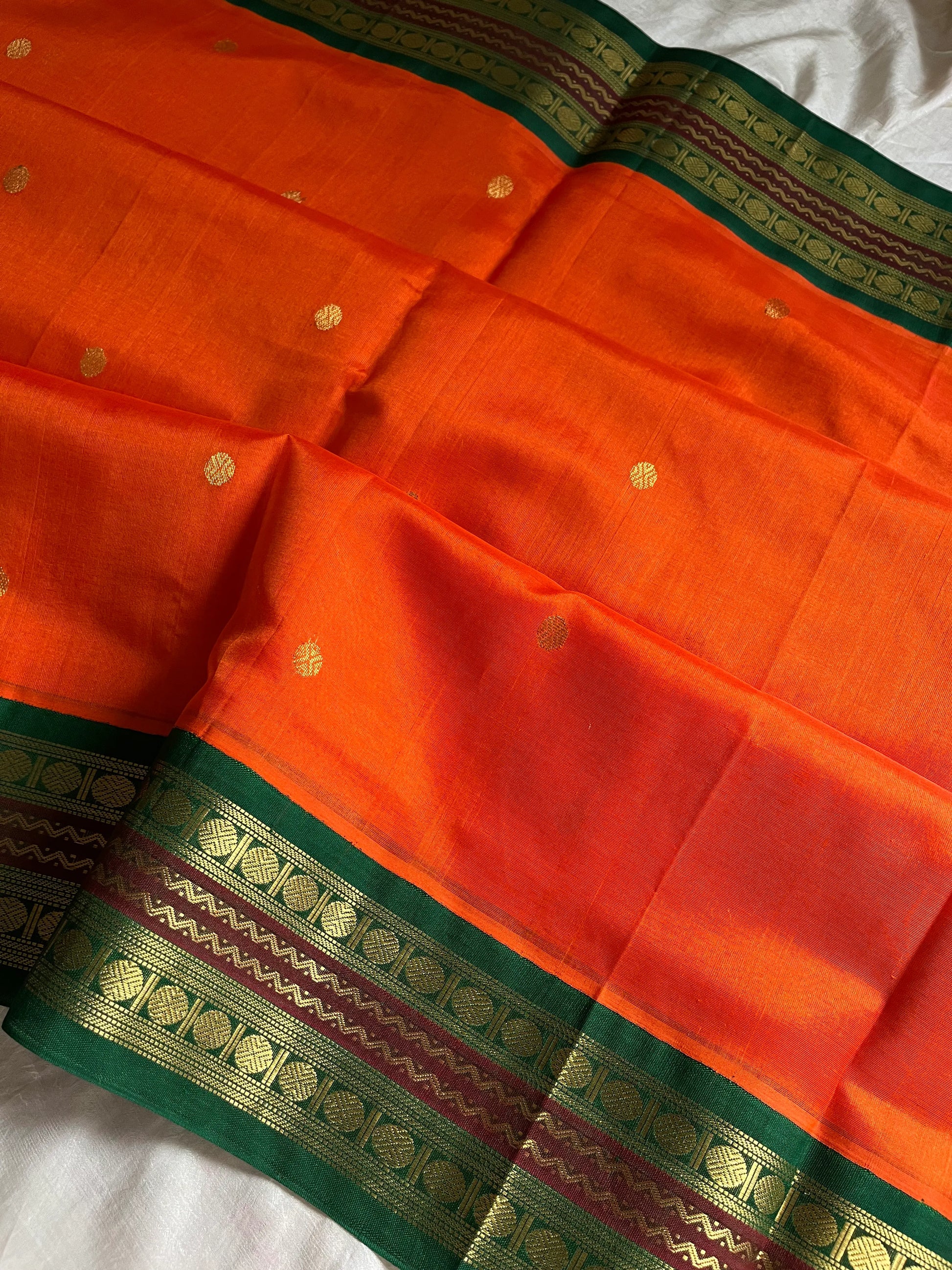 Orange & Green Pure Handloom Kanchi Silk-Cotton Saree with Rich Zari – Pattu Nool Edit by House of Thansha