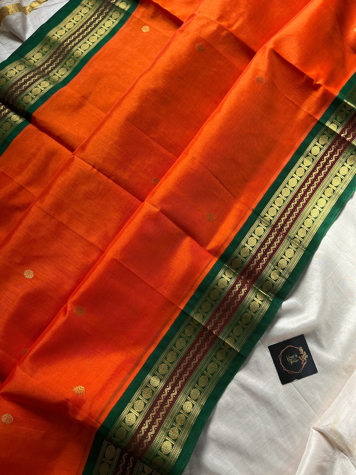 Orange & Green Pure Handloom Kanchi Silk-Cotton Saree with Rich Zari – Pattu Nool Edit by House of Thansha