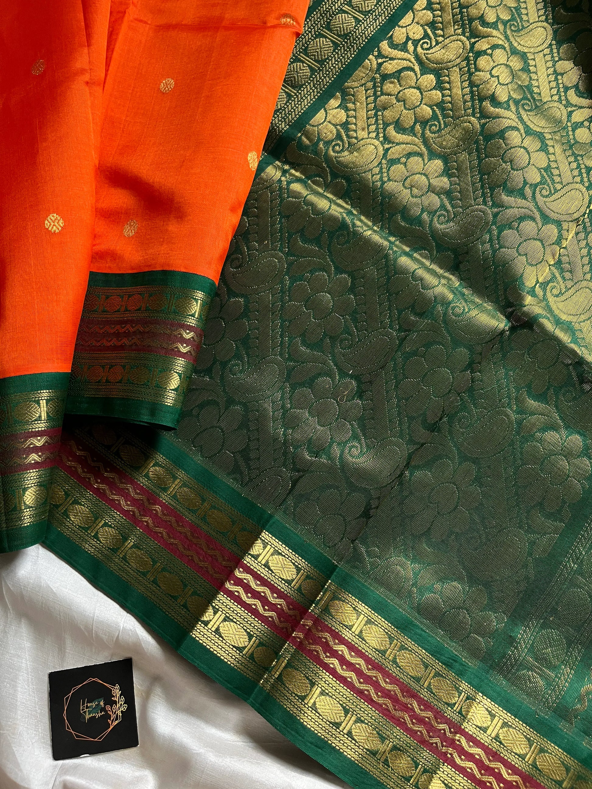 Orange & Green Pure Handloom Kanchi Silk-Cotton Saree with Rich Zari – Pattu Nool Edit by House of Thansha