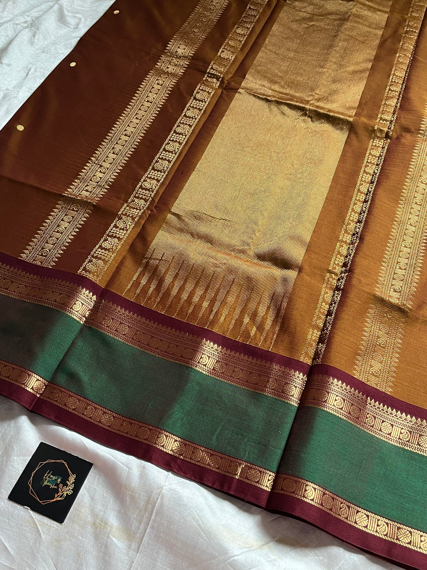 Honey brown 120 count mercerised Kanchi cotton saree with big zari border – House of Thansha