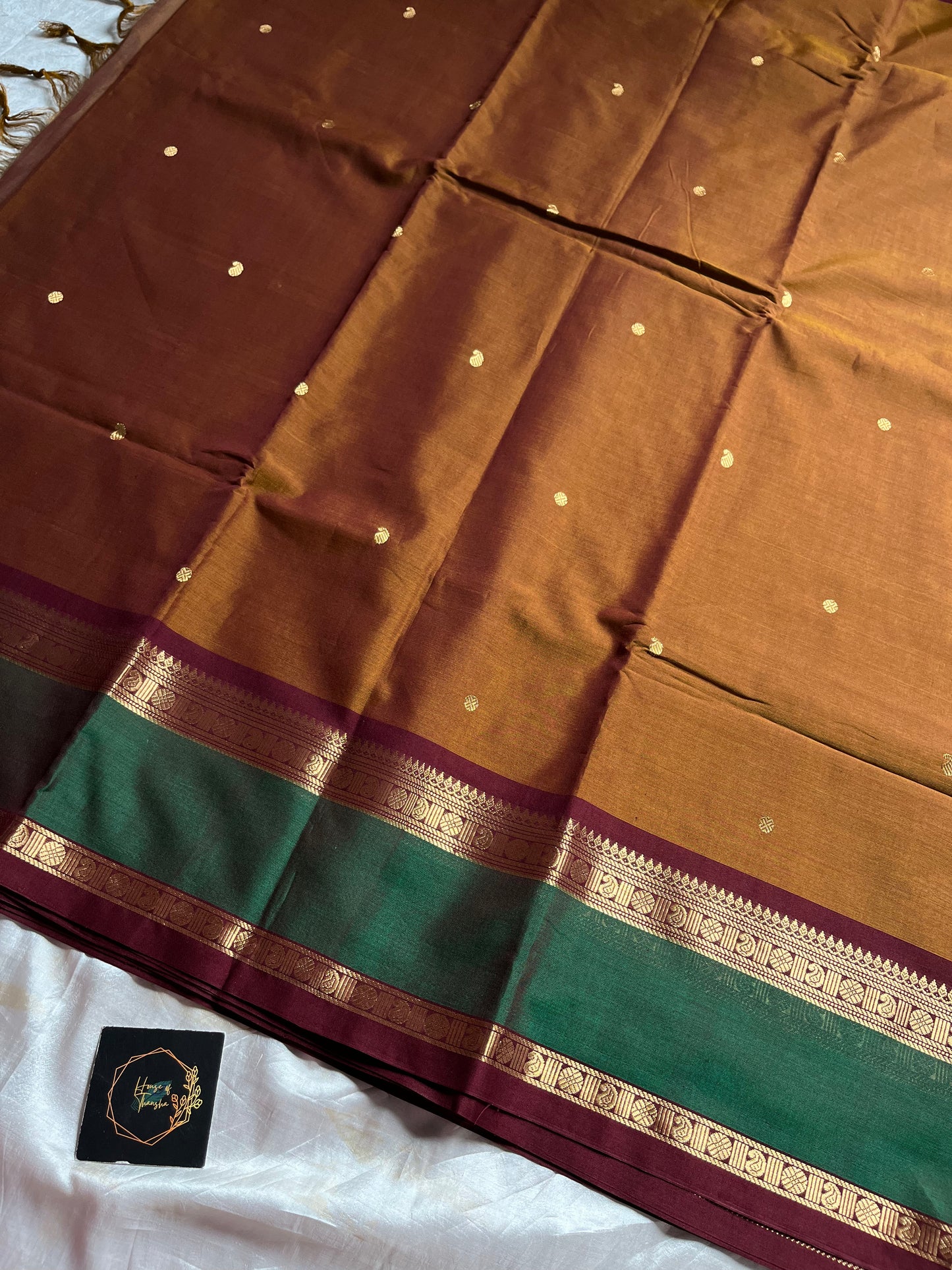 Honey brown 120 count mercerised Kanchi cotton saree with big zari border – House of Thansha