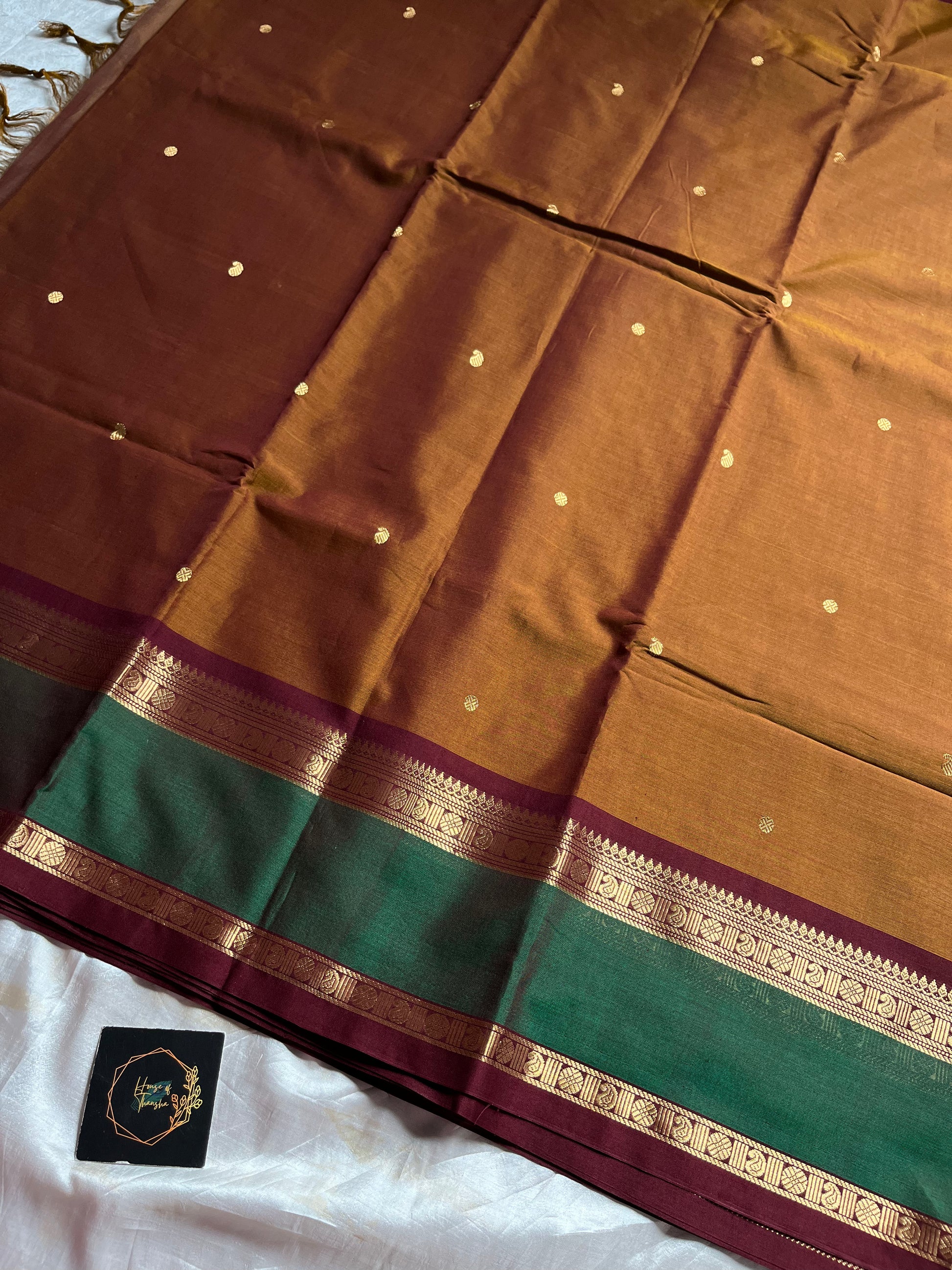 Honey brown 120 count mercerised Kanchi cotton saree with big zari border – House of Thansha