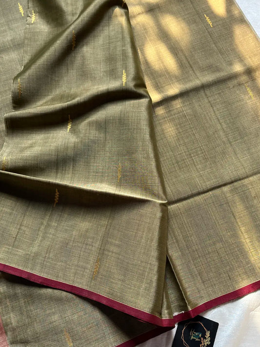 Vegan Silk Saree – Olive Ash | Handloom Art Silk