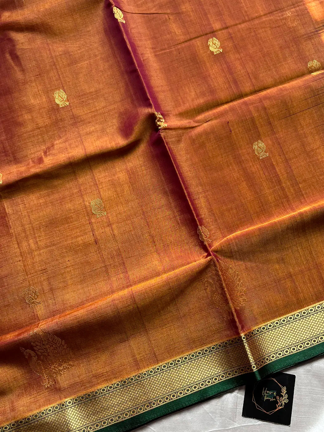 Vegan Silk Saree – Blushcopper & Green | Handloom Art Silk