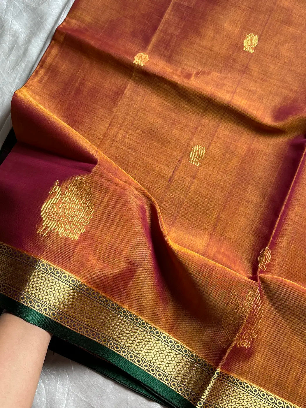 Vegan Silk Saree – Blushcopper & Green | Handloom Art Silk